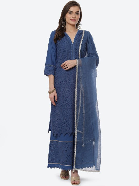 Biba Women Blue Layered Pure Cotton Kurti with Palazzos & With Dupatta