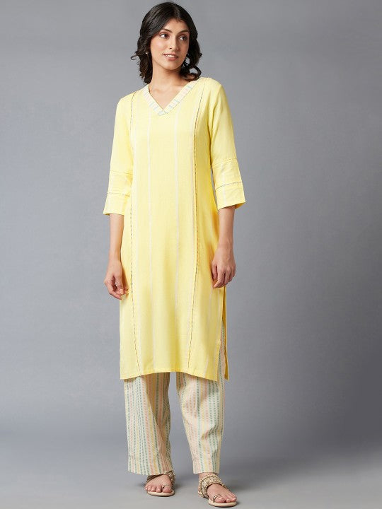 W Women Yellow & White Striped Kurta