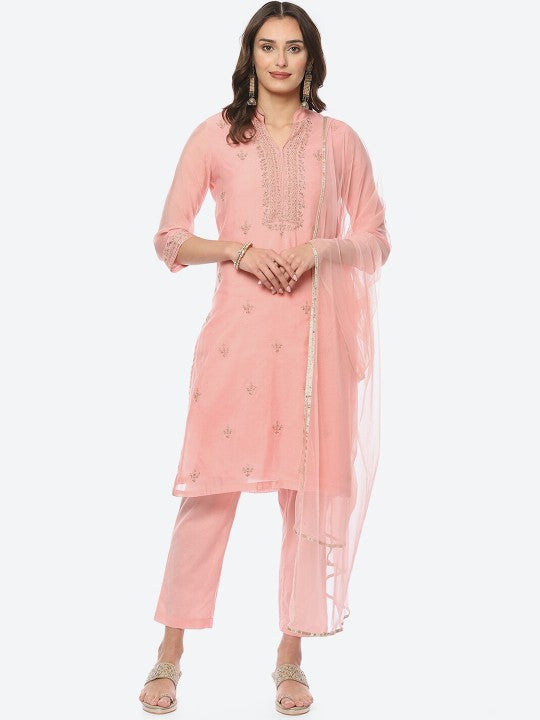 Biba Women Ethnic Motifs Embroidered Kurta With Trousers & Dupatta