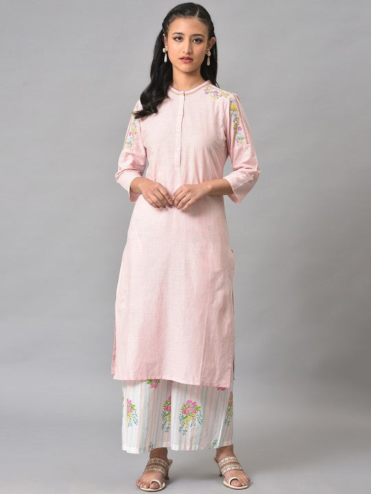 W Floral Printed Band Collar Thread Work Pure Cotton Kurta