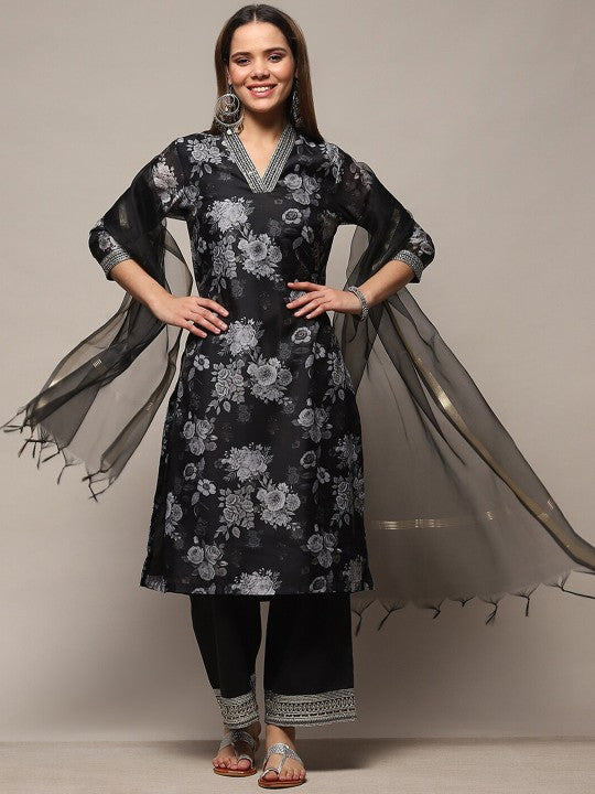 Biba Floral Printed Regular Kurta with Palazzos & Dupatta - Black