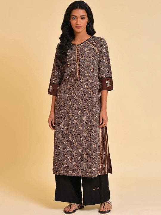 W Brown Floral Printed Straight Kurta