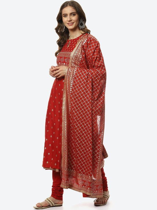 Biba Women Red Ethnic Motifs Printed Kurta with Churidar & With Dupatta