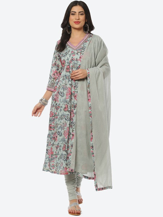 Biba Women Floral Printed Kurta with Churidar & Dupatta Plus Size