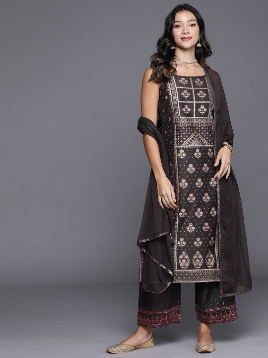 Biba Ethnic Motifs Printed Kurta with Palazzos & With Dupatta - Brown