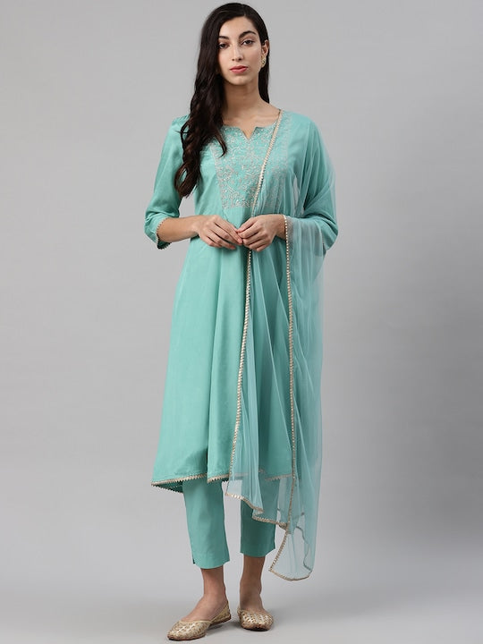 Biba Women Sea Green Yoke Design Kurta with Trousers & Dupatta