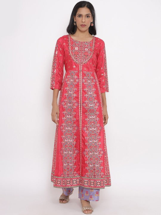 W Festive Floral Print Shantung Kurta With Parallel Pant