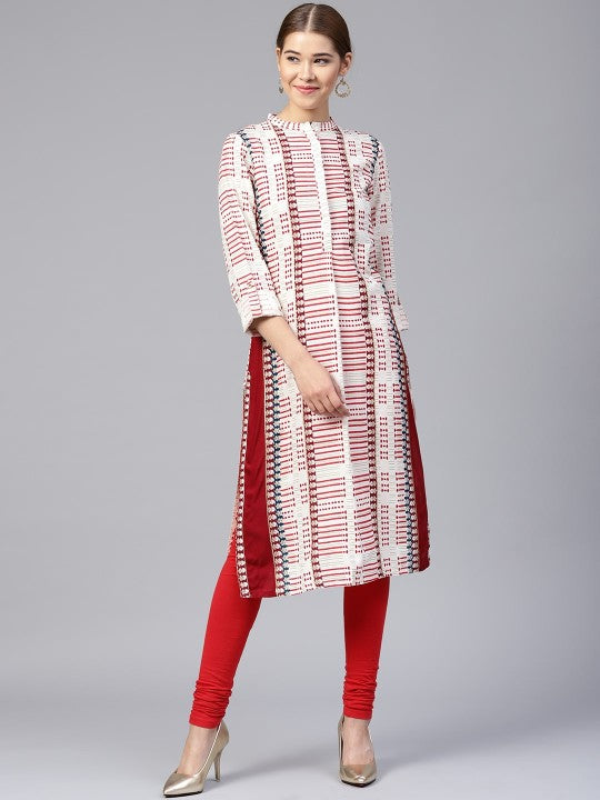 W Women Off-White & Red Printed Straight Sustainable Kurta