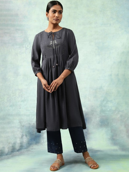 W The Folksong Collection Striped Tie-Up Neck Thread Work A-Line Kurta