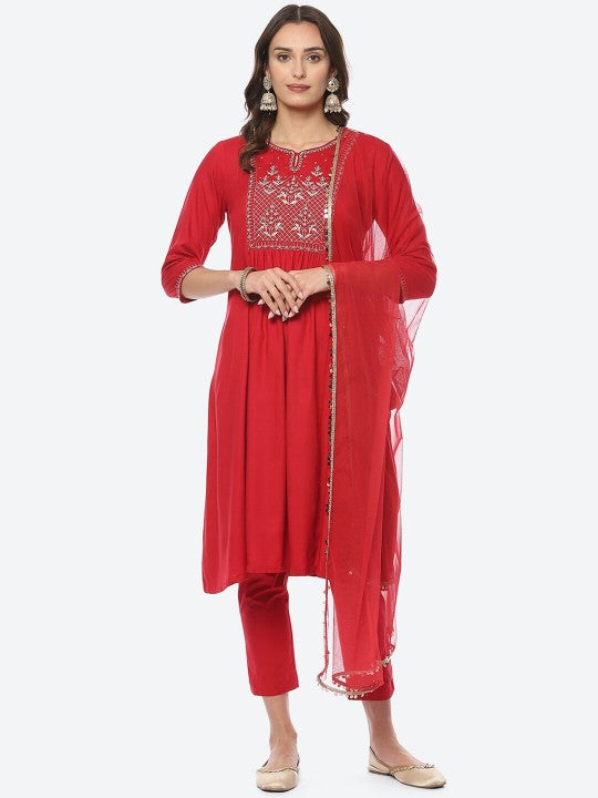 Biba Women Plus Size Yoke Design Kurta with Trousers & Dupatta