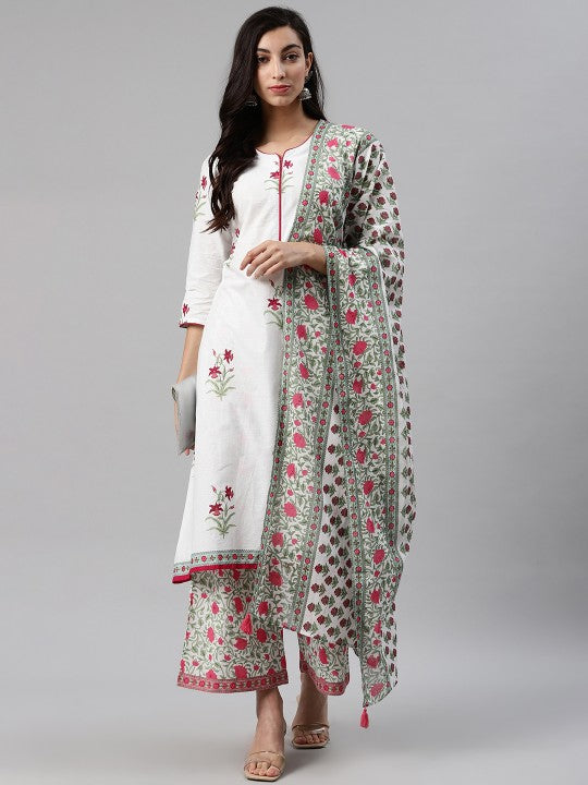 Biba Women White & Pink Printed Kurta with Palazzos & Dupatta