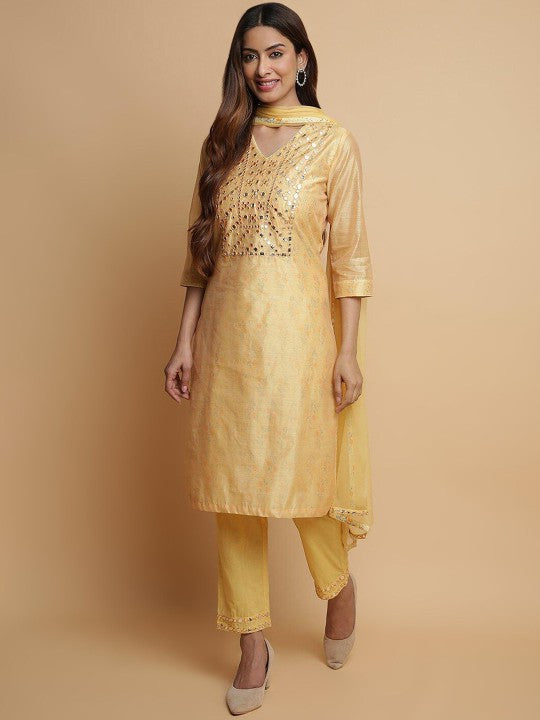 Biba Floral Printed Mirror Work Kurta with Trousers & Dupatta