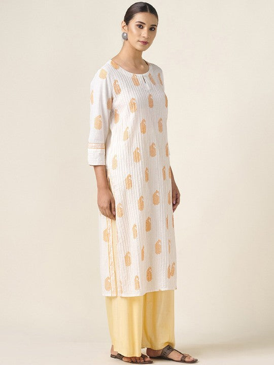 Fabindia Ethnic Motifs Keyhole Neck A-Line Cotton Kurta