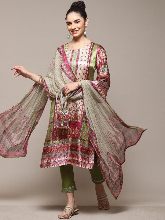 Biba Ethnic Motifs Printed Flared Sleeves Kurta With Trousers & Dupatta