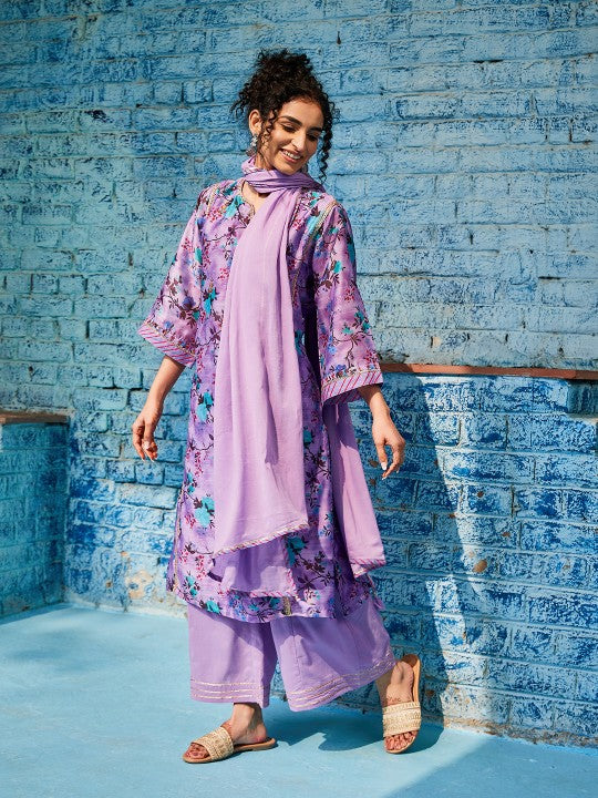 Biba Floral Printed Regular Gotta Patti Kurta With Palazzos & Dupatta