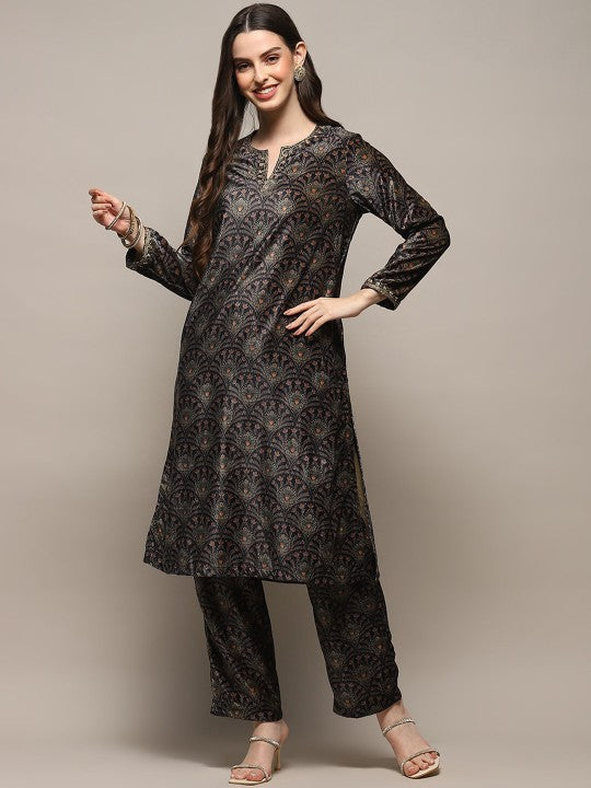 Biba Ethnic Motifs Printed Kurta With Palazzos - Blue, Black & Green