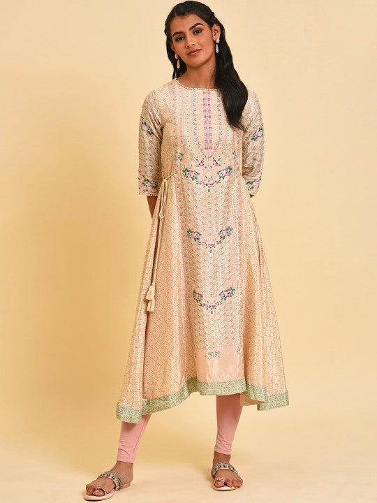 W Floral Printed Boat Neck Asymmetric A-Line Kurta