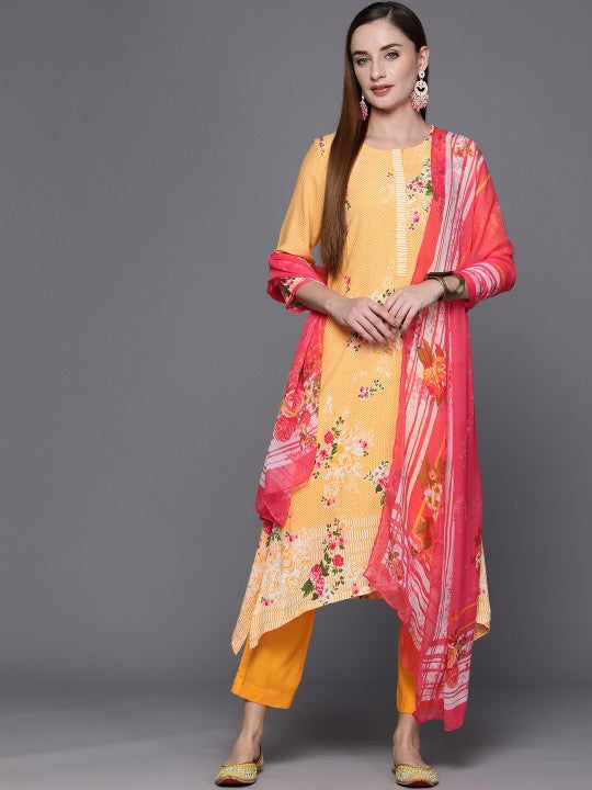 Biba Women Floral Printed Kurta with Trousers & Dupatta - Yellow & Pink