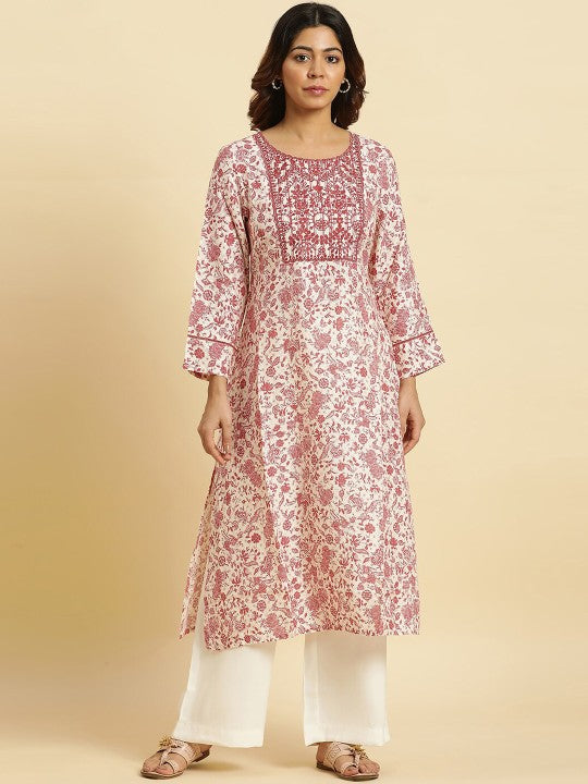 W Floral Embroidered Round Neck Kurta