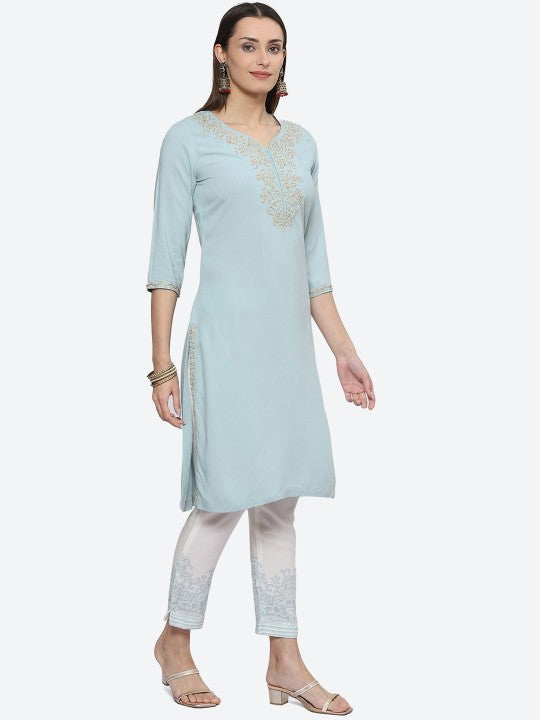 Biba Ethnic Motifs Embroidered Straight Kurta with Trousers