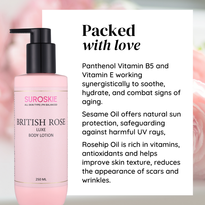Suroskie British Rose Body Lotion with Shea and Cocoa Butter Lotion - Hydration for 24 Hrs, Deep Nourishment, Lightweight & Fast-Absorbing, Suitable for Both (250ml)