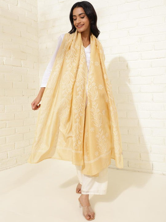 Fabindia Ethnic Motifs Embroidered Cotton Silk Dupatta with Chikankari - Yellow & Off White