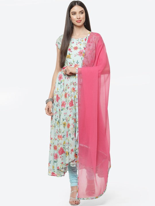 Biba Women Sea Green & Pink Floral Printed Pleated Kurta With Churidar & Dupatta