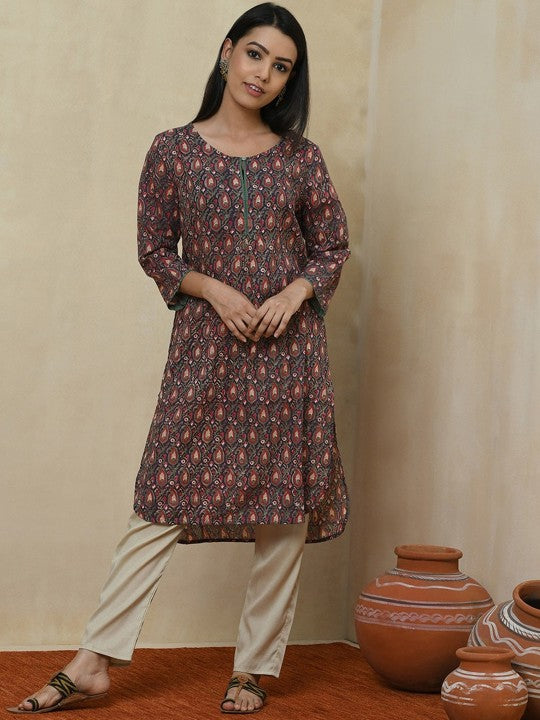 Fabindia Women Blue Ethnic Motifs Printed Keyhole Neck Cotton Kurta