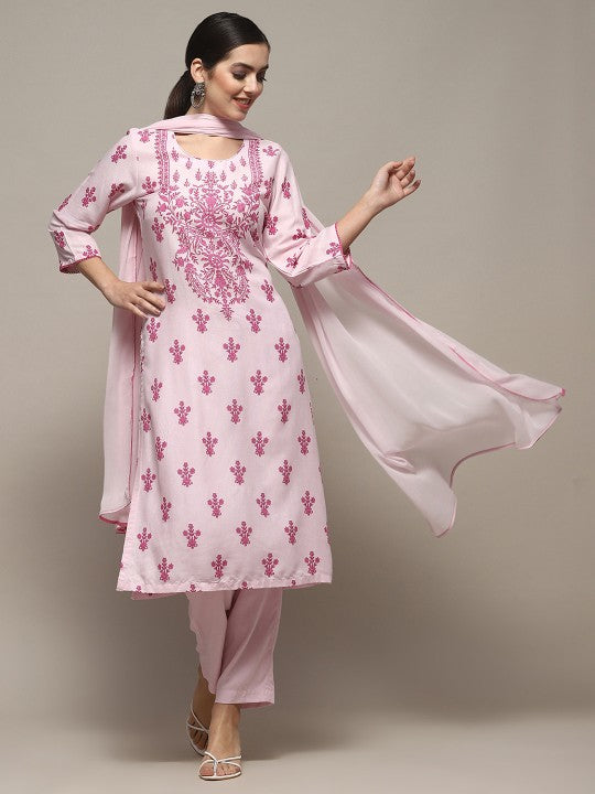 Biba Ethnic Motifs Printed Round Neck Regular Kurta with Trousers & Dupatta