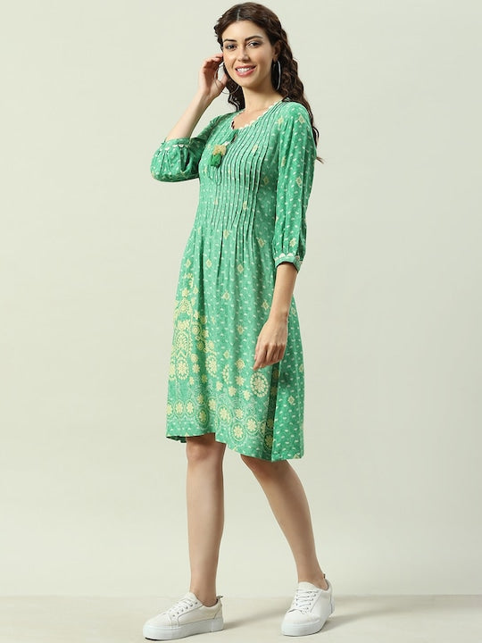 Biba Floral Printed A-Line Kurta - Green & Yellow
