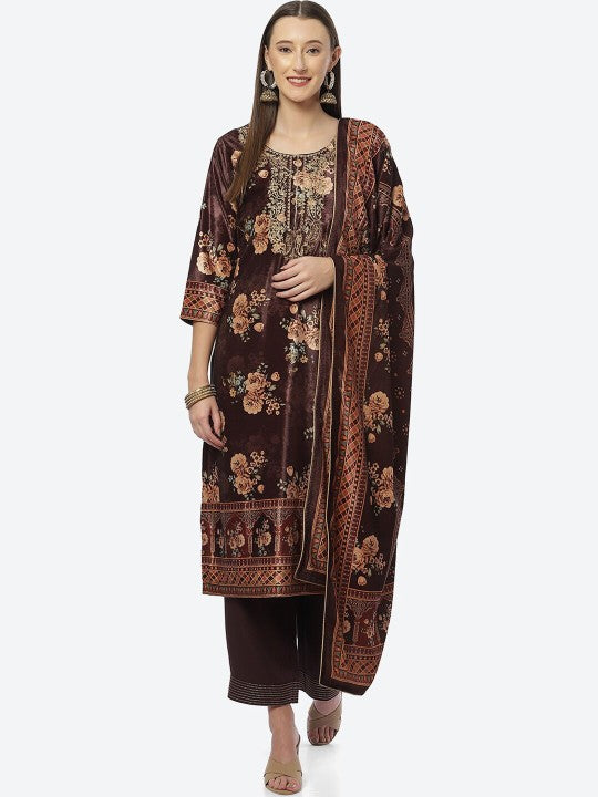 Biba Women Brown Floral Printed Thread Work Velvet Kurta with Palazzo & Dupatta Set