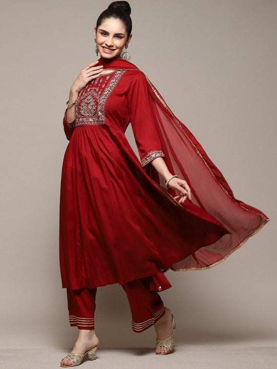 Biba Ethnic Motifs Yoke Design Thread Work Kurta With Palazzos & Dupatta - Maroon & Gold