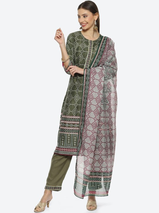 Biba Women Plus Size Bandhani Printed Kurta With Trousers & Dupatta