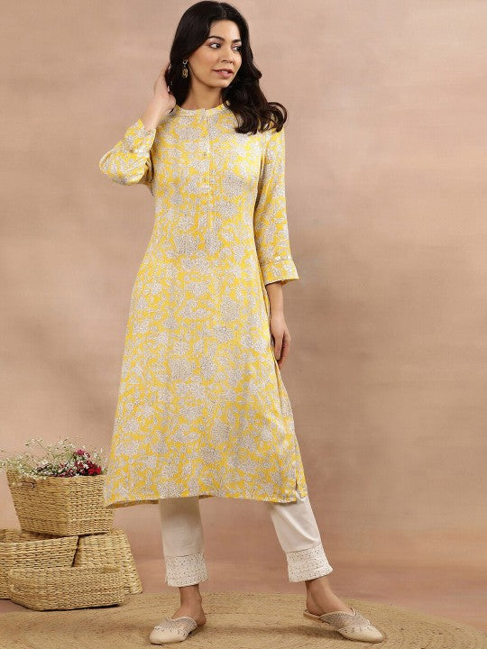 W Floral Printed Regular Mandarin Collar Kurta with Trouser