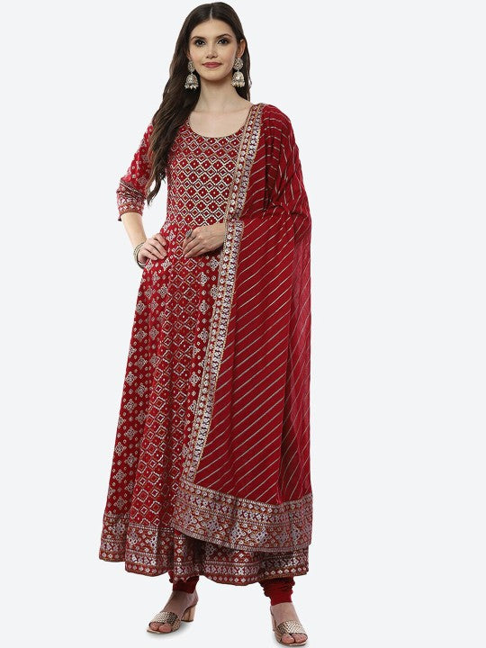 Biba Women Plus Size Red Ethnic Motifs Printed Kurta with Churidar & With Dupatta