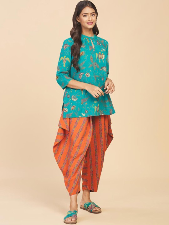 Fabindia Women Floral Printed Pure Cotton Kurti - Green