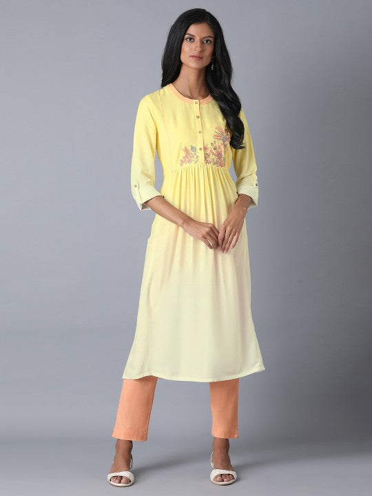 W Women Yellow & White Yoke Design Straight Kurta