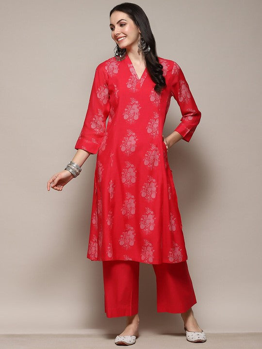 Biba Ethnic Motifs Printed V-Neck Panelled A-Line Kurta with Palazzos