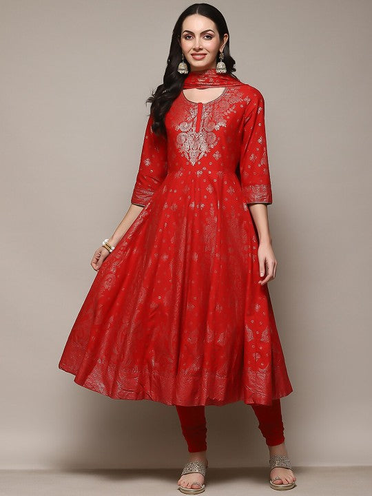 Biba Round Neck Ethnic Motifs Printed Foil Anarkali Kurta & Churidar With Dupatta