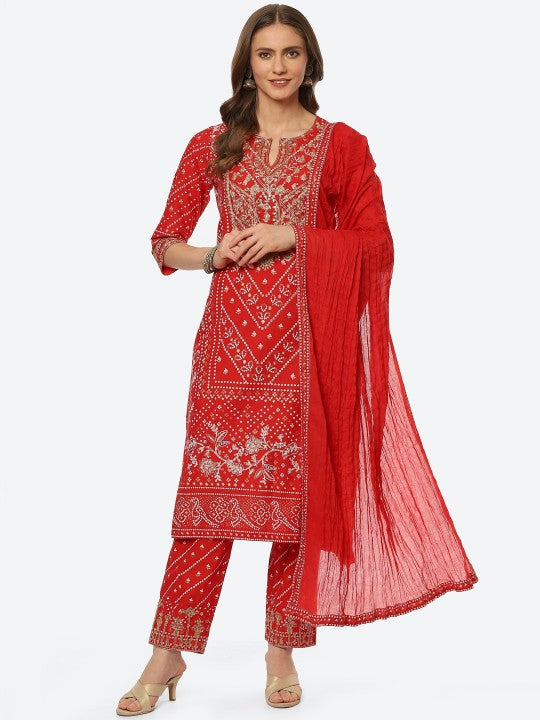 Biba Women Red Bandhani Printed Thread Work Kurta with Trouser & With Dupatta Set