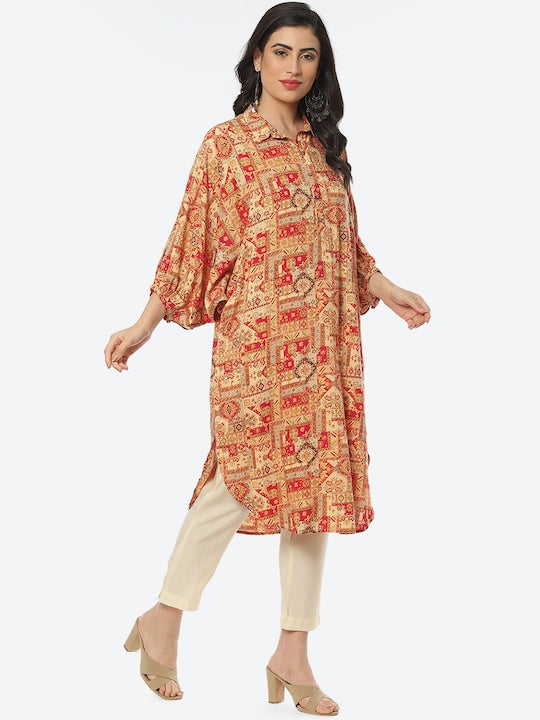 Biba Ethnic Motifs Printed Kurta - Beige & Orange