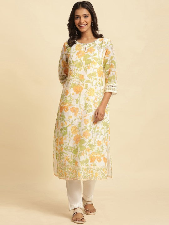 W Floral Printed Keyhole Neck Straight Kurta