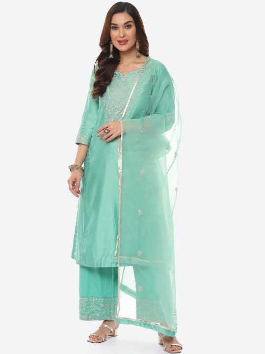 Biba Women Green Floral Embroidered Gotta Patti Chanderi Silk Kurta with Trousers & With Dupatta