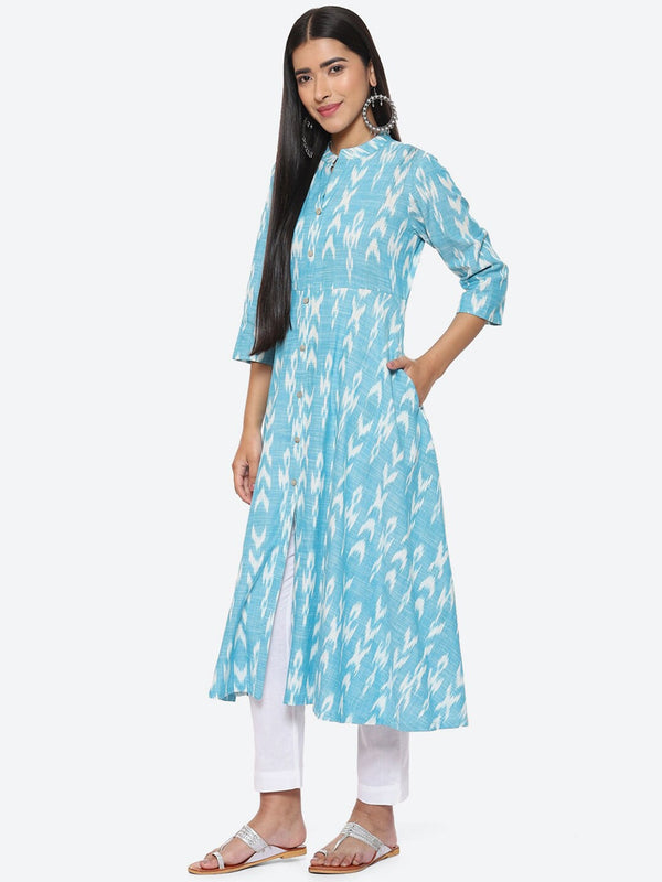 Biba Woven Design Ikat Mandarin Collar Anarkali Pure Cotton Kurta
