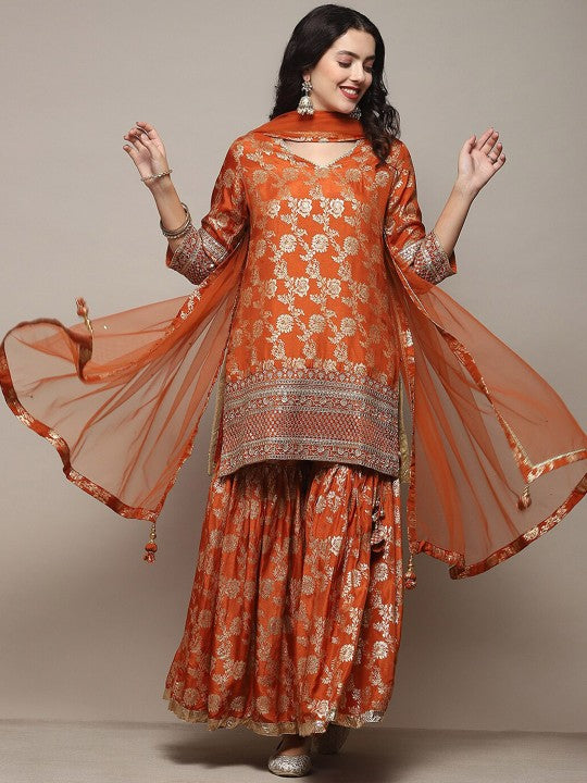 Biba Woven Design Sequinned Regular Kurta with Sharara & With Dupatta