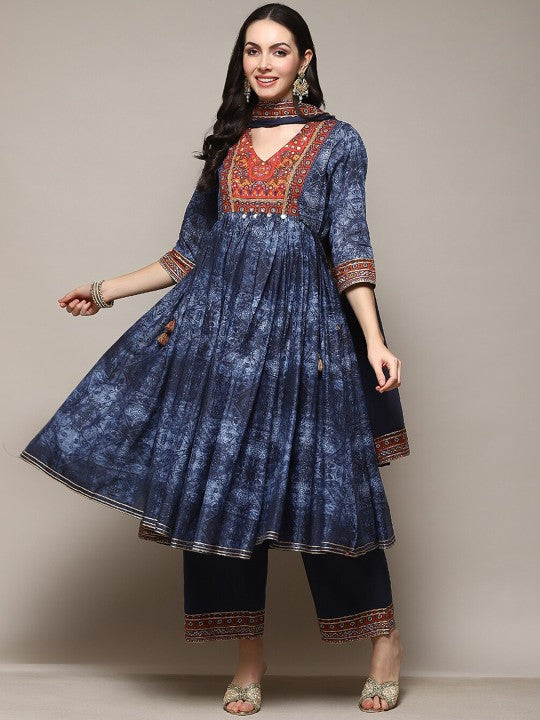 Biba Ethnic Motifs Embroidered Regular Kurta with Palazzos & Dupatta - Blue