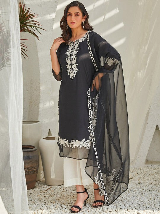 Biba Floral Embroidered Straight Kurta With Palazzos & Dupatta - Black