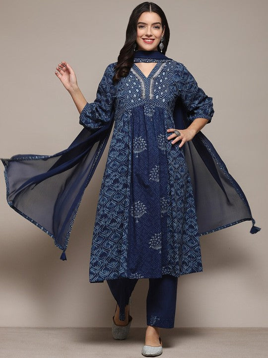 Biba Ethnic Motifs Printed Empire Sequinned Kurta & Palazzos With Dupatta