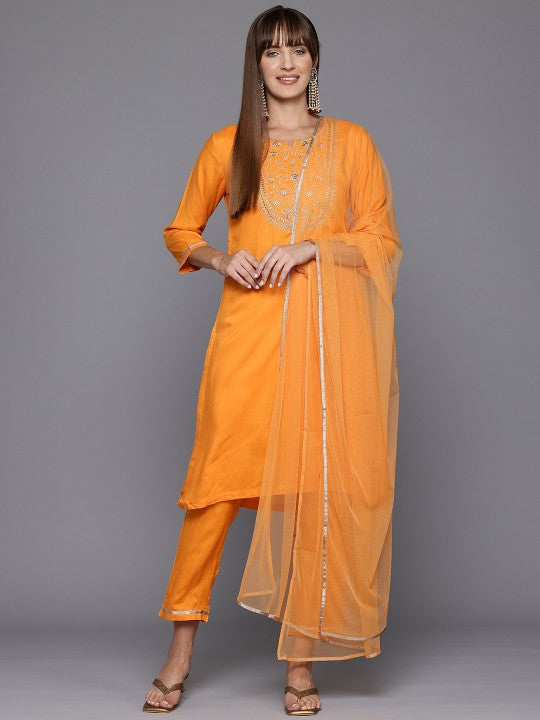 Biba Floral Yoke Design Gotta Patti Straight Kurta with Trousers & Dupatta