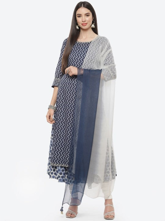 Biba Women Navy Blue & Off-White Printed Kurta With Trousers & Dupatta